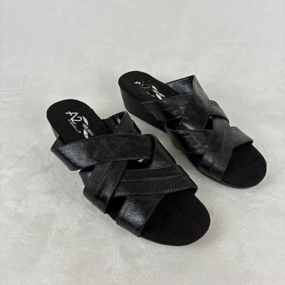 A2 by Aerosoles Flower Power Black Wedge Slide Sandals Womens Size 10W